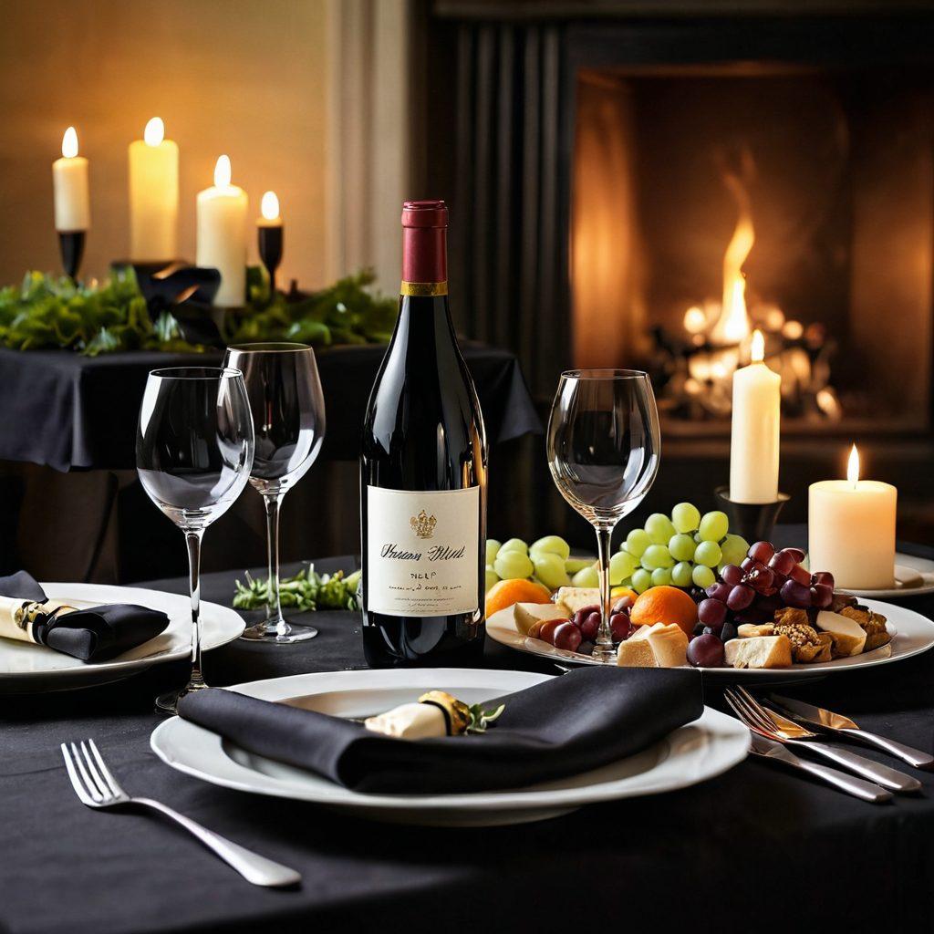 A sophisticated table setting featuring an elegant wine bottle and glasses, adorned with a stylish black tuxedo napkin, surrounded by gourmet hors d'oeuvres. A soft glow of candlelight enhances the celebratory atmosphere, with a backdrop of a festive party scene. The scene captures the essence of refinement and luxury. super-realistic. vibrant colors. soft focus.