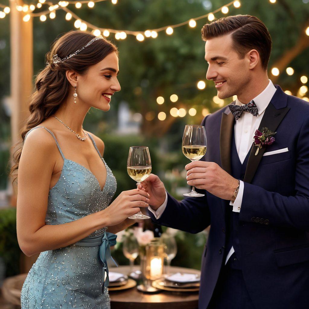 A sophisticated scene featuring a beautifully dressed couple clinking wine glasses at an elegant event. The background showcases a chic outdoor venue adorned with fairy lights and stylish decor. The wines on the table are artfully arranged next to matching attire accessories, like a stylish bow tie and elegant earrings. The atmosphere exudes sophistication and celebration. super-realistic. vibrant colors. elegant setting.