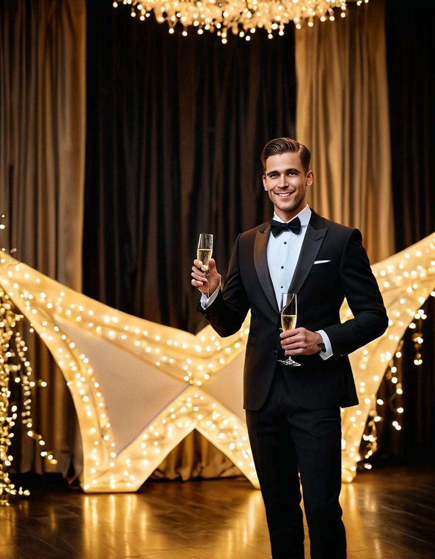 An elegantly dressed man in a sophisticated tuxedo standing in front of a lavish celebration backdrop, surrounded by twinkling fairy lights and sparkling champagne glasses. The scene captures a sense of joy and festivity, with guests in glamorous attire enjoying the moment. Emphasize luxurious fabrics and classy accessories, like bow ties and cufflinks. This image should radiate elegance and celebration. super-realistic. vibrant colors. festive atmosphere.